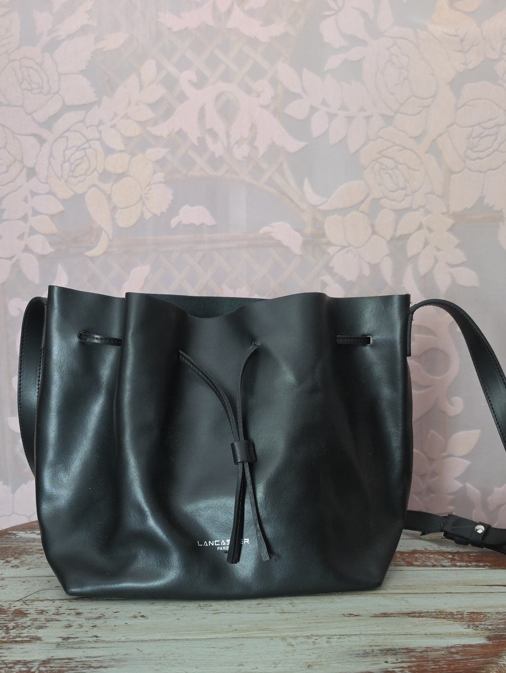 Lancaster Black Leather Drawstring Shoulder Bag